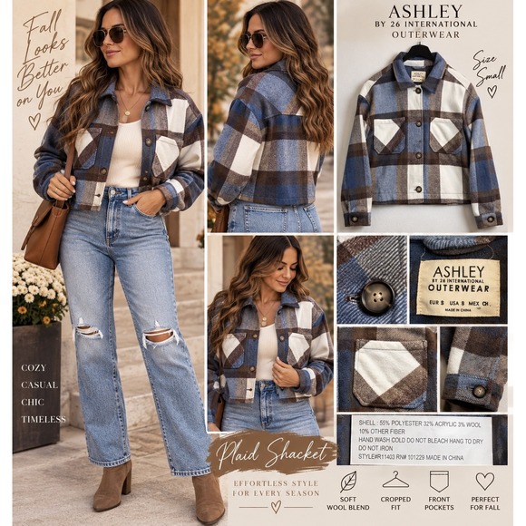 Ashley By 26 International Jackets & Blazers - Ashley By 26 International Cropped Plaid Shacket Blue Brown Wool Blend Small